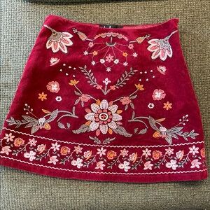 Lulus Embroidered Dark Red Floral Corduroy Mini Skirt (sz sm)